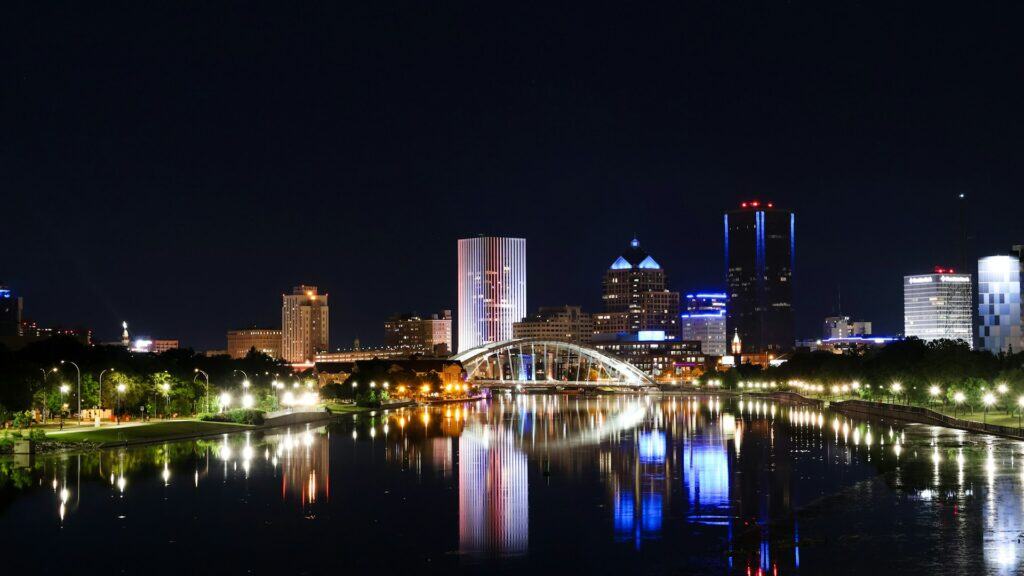 Downtown Rochester shining bright along the Genesee River