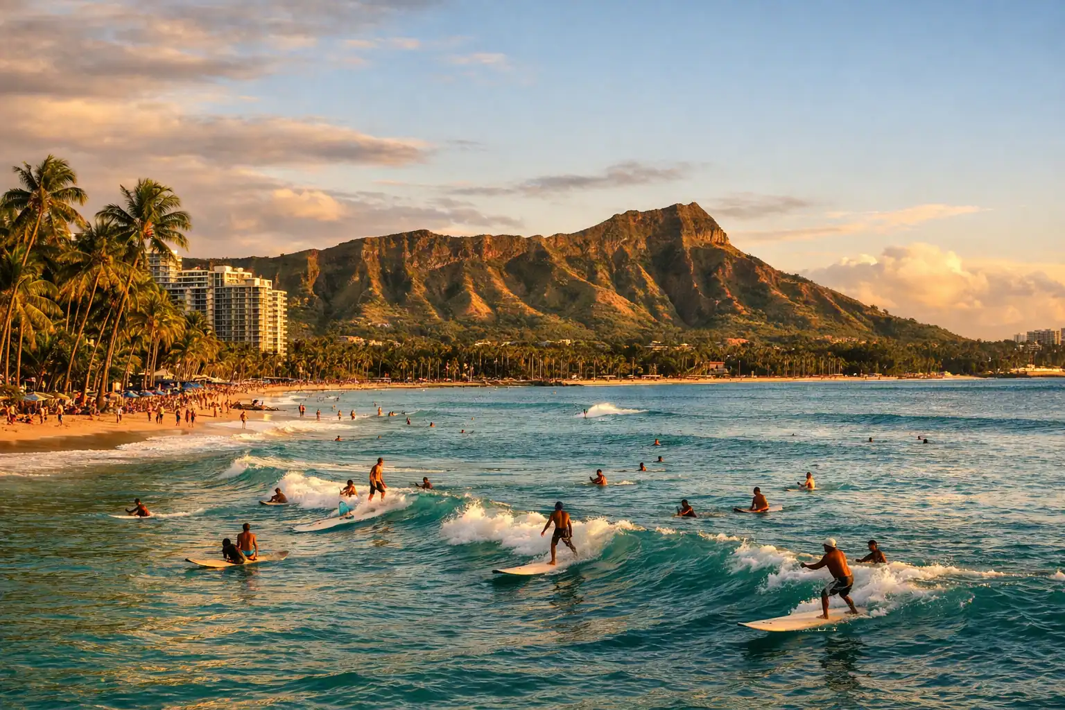 Waikiki Beach met Diamond Head krater op de achtergrond bij zonsondergang, turquoise water, surfers op de golven, palmbomen langs het strand