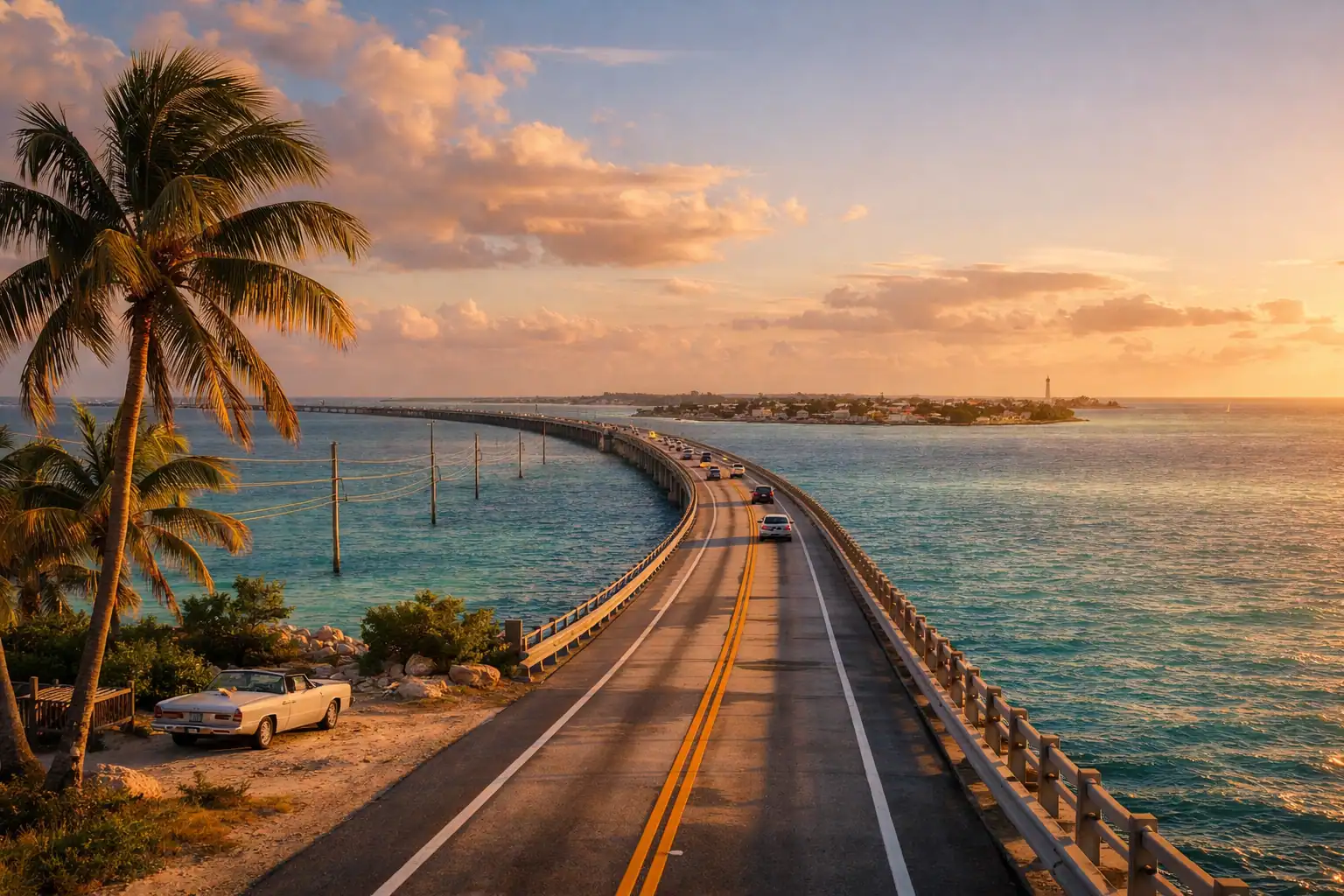 Overseas Highway over turquoise water richting Key West bij zonsondergang, Seven Mile Bridge zichtbaar, palmbomen