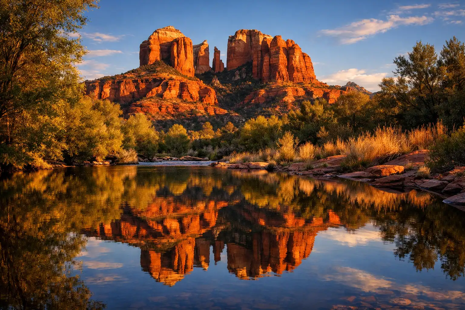 Cathedral Rock in Sedona weerspiegeld in Oak Creek bij zonsondergang, levendige rode rotsformaties tegen blauwe lucht, woestijnvegetatie die het tafereel omlijst