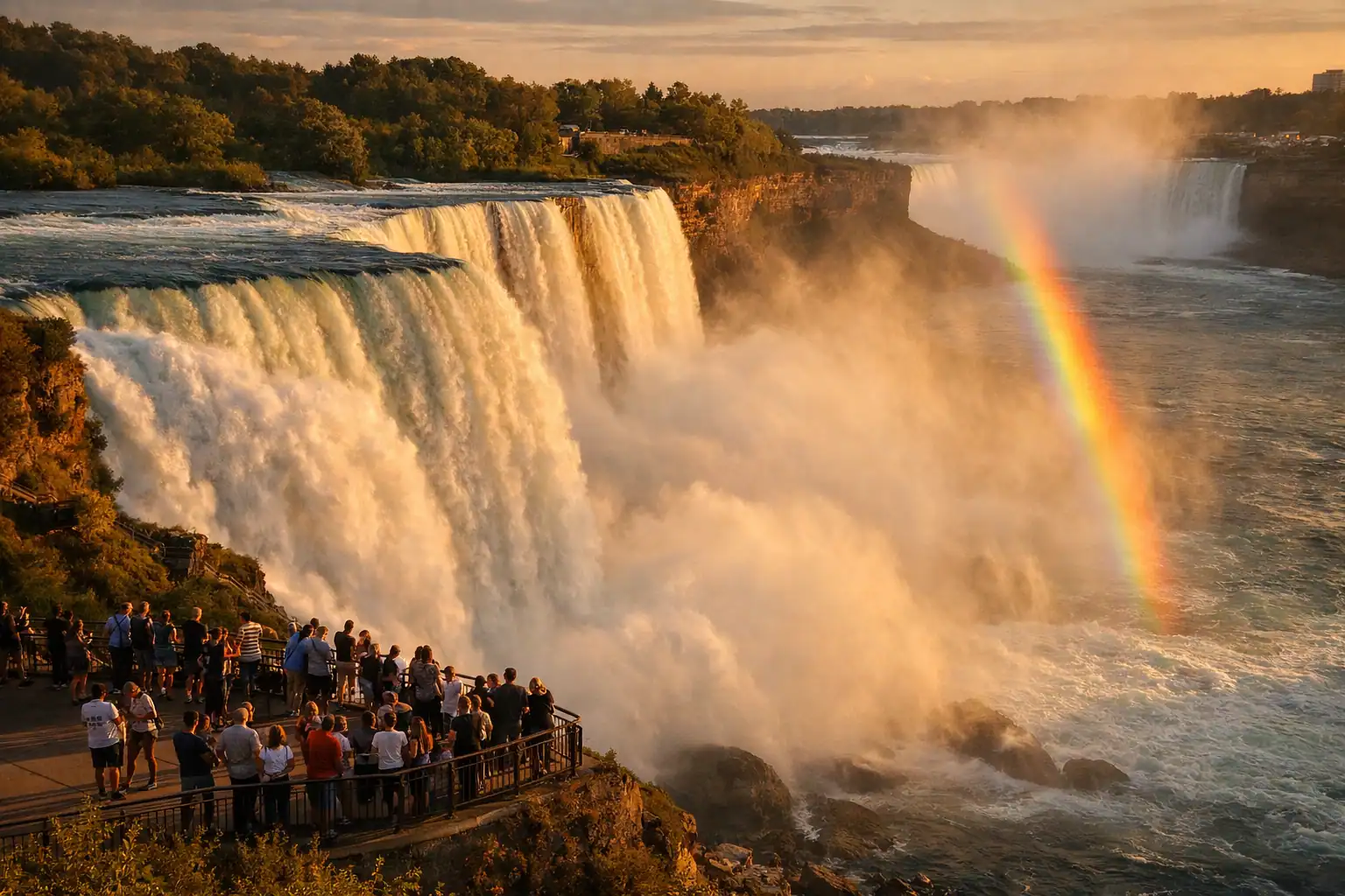 Niagara Falls Horseshoe Falls vanaf de Amerikaanse zijde bij zonsondergang, enorme watermuur die naar beneden stort, regenboog in de nevel, toeristen op het uitkijkplatform