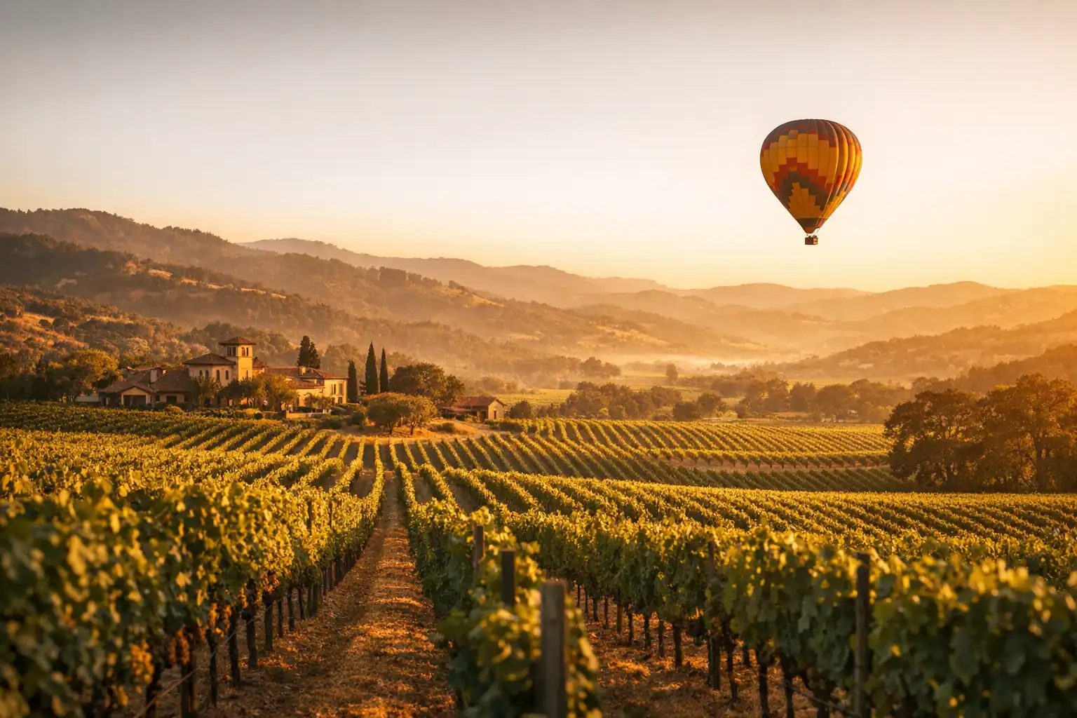 Napa Valley wijngaarden bij zonsondergang, rijen wijnstokken richting glooiende heuvels, een heteluchtballon aan de hemel, wijnlandgoed in de verte
