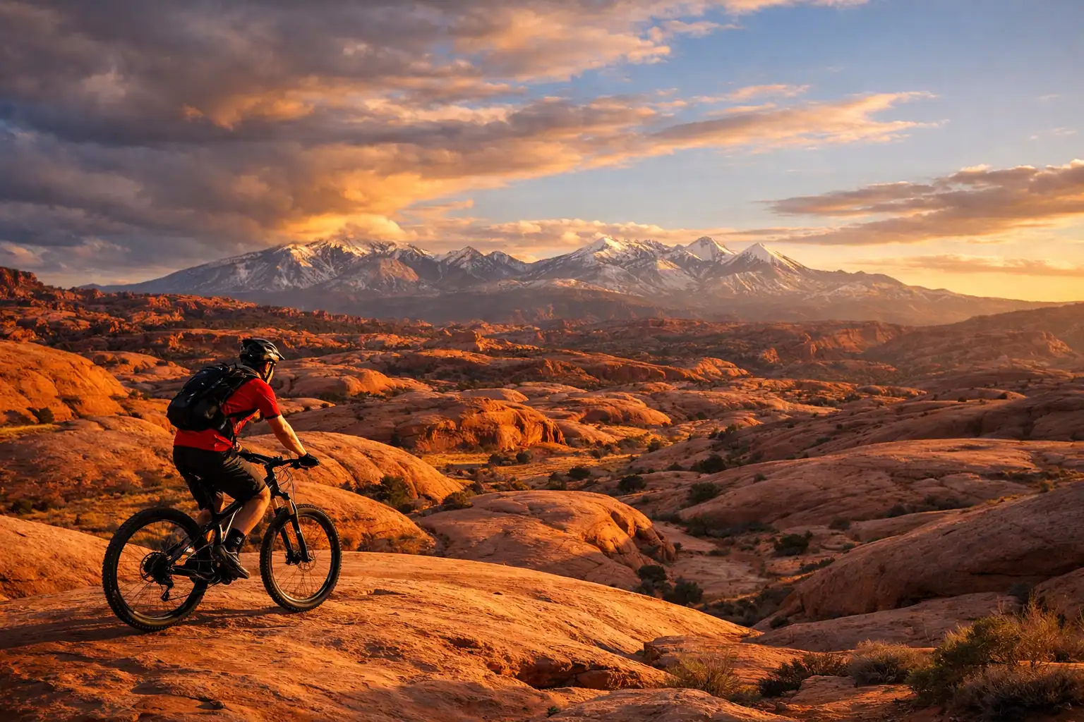 Mountainbiker op de Slickrock Trail in Moab bij zonsondergang, rood zandstenen landschap tot aan de La Sal Mountains, dramatische Utah-lucht