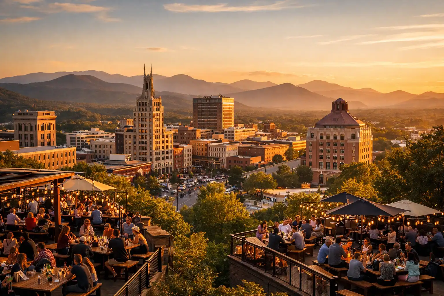 Downtown Asheville met de Blue Ridge Mountains op de achtergrond bij zonsondergang, craft brewery terrassen, art deco architectuur, levendige bergstad-energie