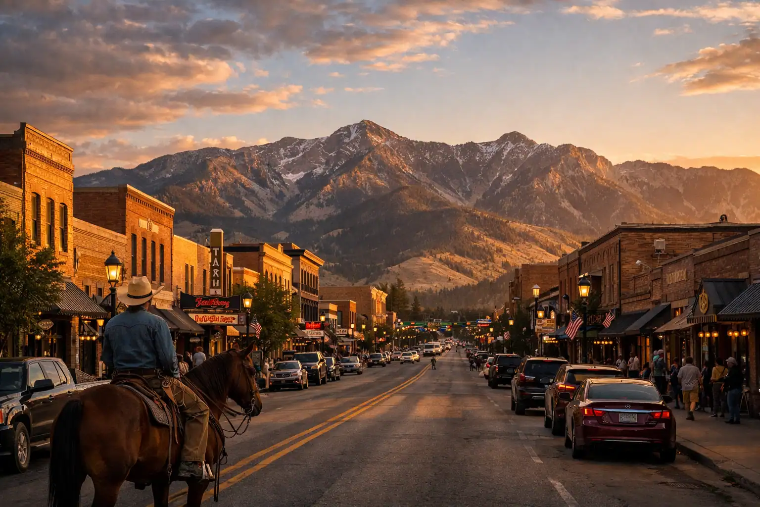 Bozeman Montana met de Bridger Mountains erachter bij zonsondergang, historische Main Street, cowboycultuur en outdooravontuur, grote Montana-lucht