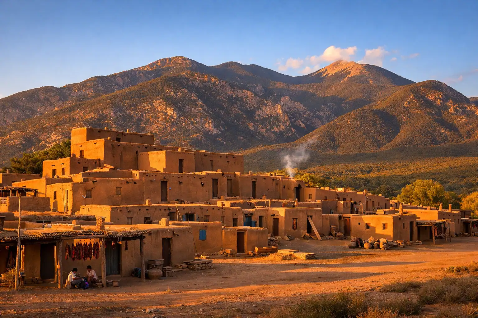 Taos Pueblo bij zonsondergang, meerlaagse adobe structuren die al meer dan 1000 jaar bewoond zijn, Taos Mountain erachter oprijzend