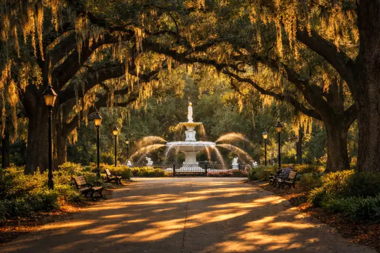 Levende eiken met Spaans mos in Forsyth Park Savannah bij gouden uurlicht met iconische witte fontein