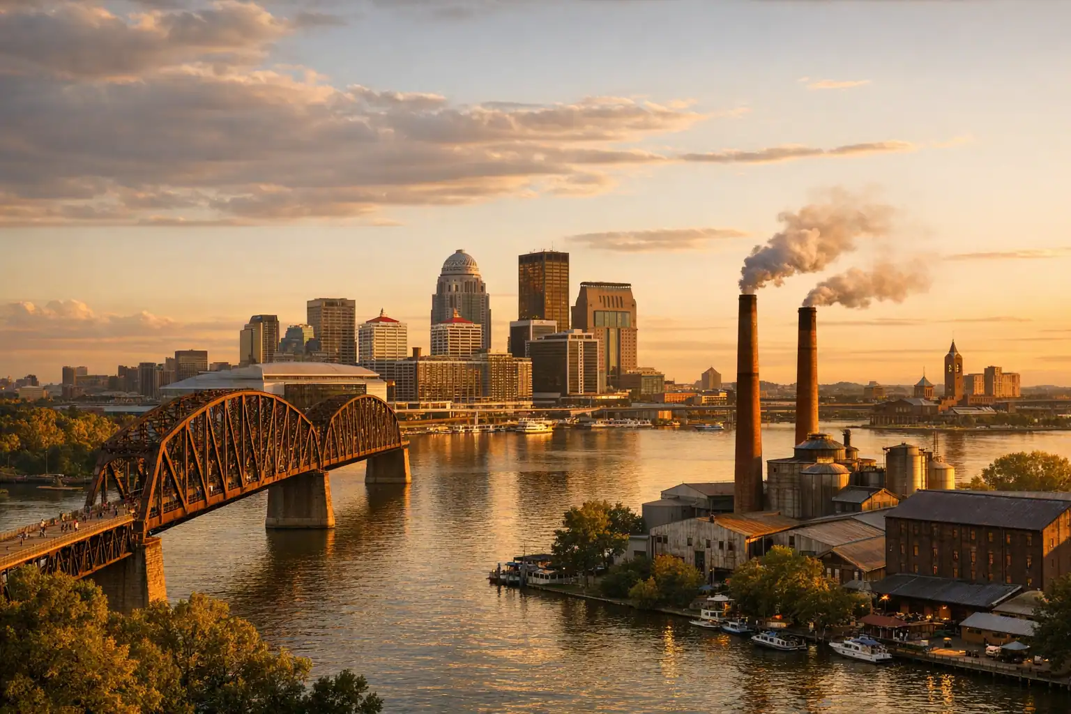 Louisville met de Big Four Bridge en Ohio River bij zonsondergang, Louisville skyline, bourbon distilleerderij schoorstenen