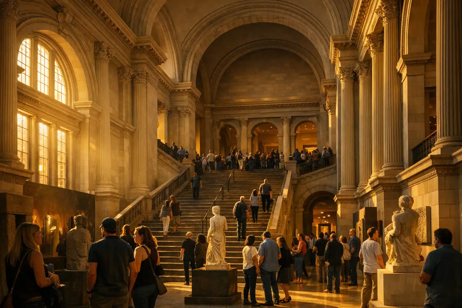 Interieur van het Metropolitan Museum of Art in New York met bezoekers op de grote trap en lichtinval door ramen