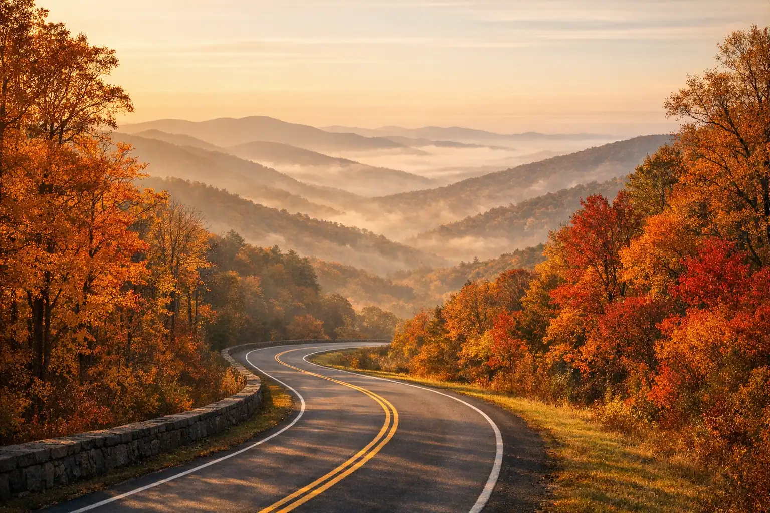 Skyline Drive in Shenandoah National Park tijdens de herfst, kronkelende weg door schitterende herfstkleuren, mistige Blue Ridge Mountains in de verte