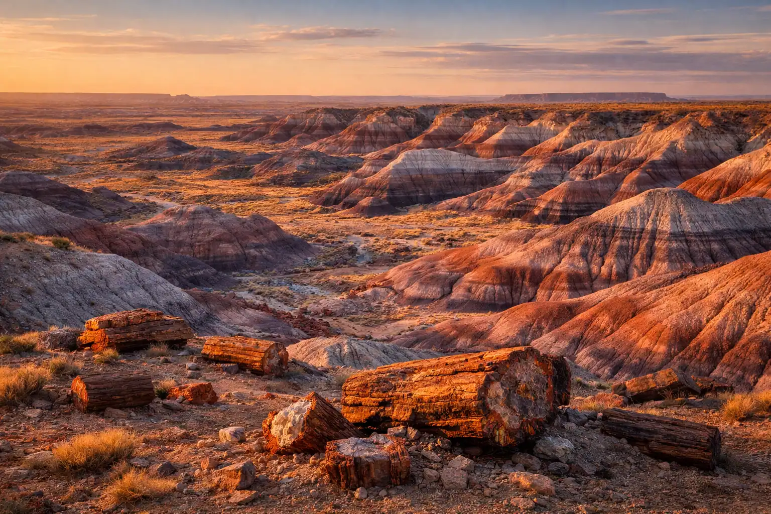 Painted Desert in Petrified Forest National Park bij zonsondergang, gestreepte badlands in paars, rood en grijs, versteende boomstammen verspreid over het landschap