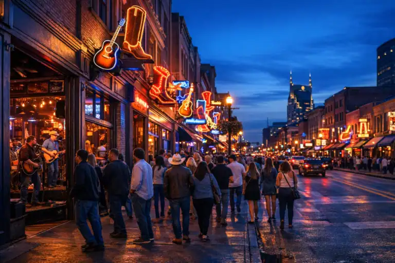 Neonverlichte Broadway in Nashville bij schemering met honky tonk bars en live muziek