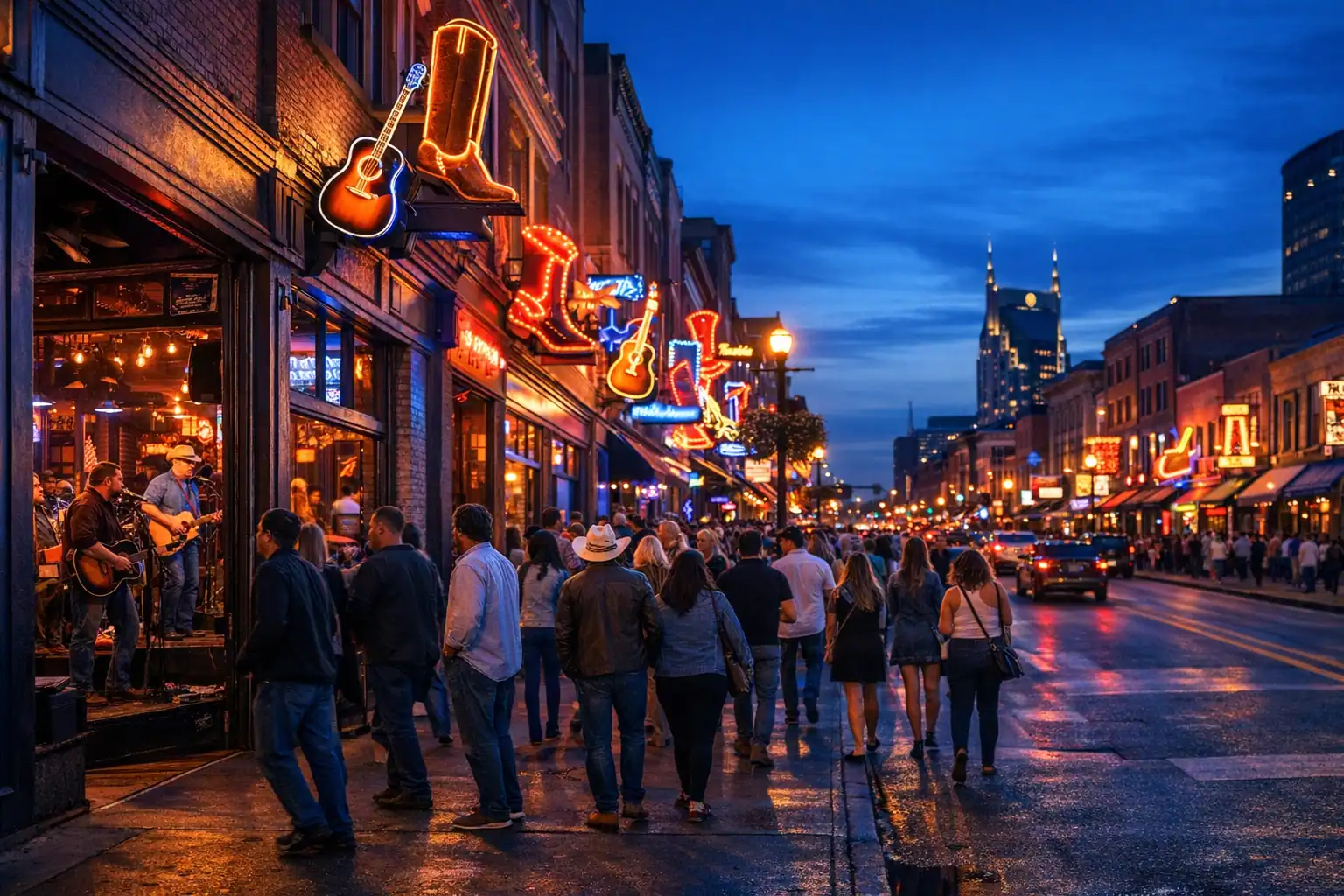 Neonverlichte Broadway in Nashville bij schemering met honky tonk bars en live muziek