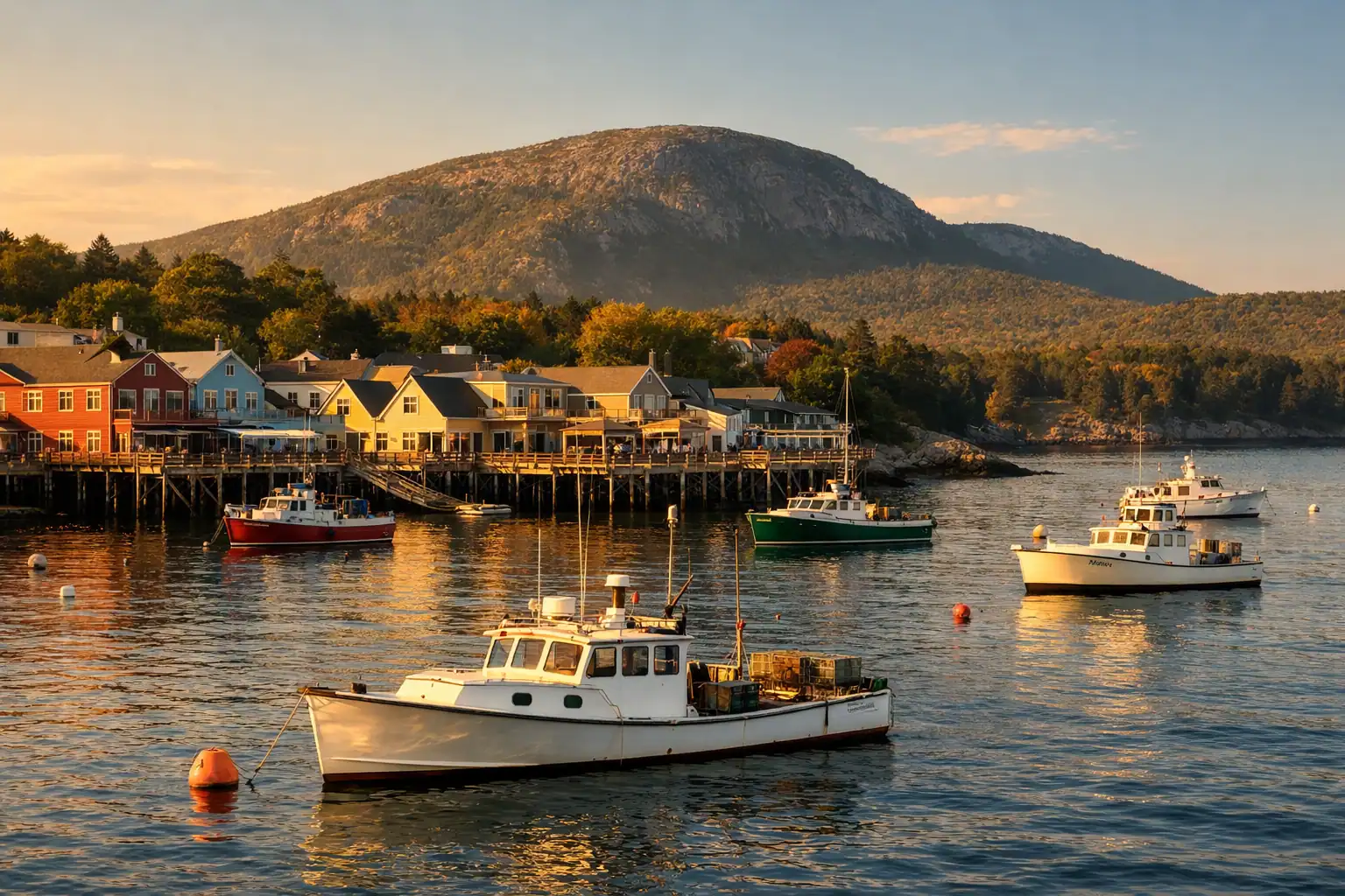 Bar Harbor Maine waterfront bij zonsondergang, kreeftenbootjes in de haven, kleurrijke winkels langs de pier, Cadillac Mountain in Acadia zichtbaar erachter