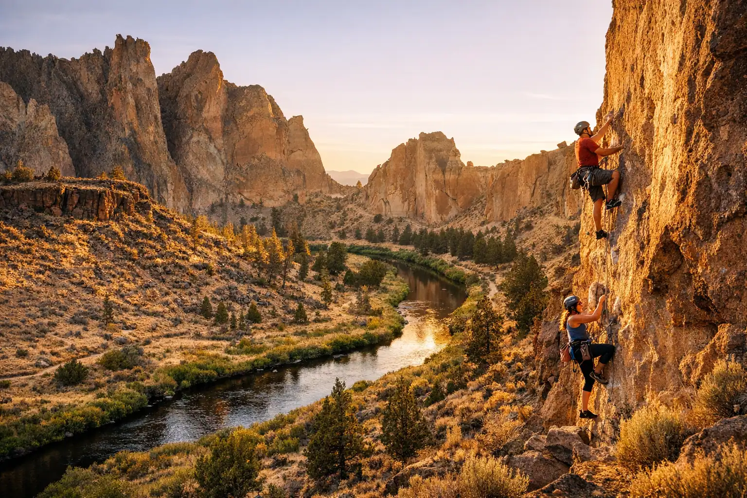 Smith Rock State Park bij Bend Oregon bij zonsondergang, torenhoge vulkanische rotspilaren, Crooked River eronder, rotsklimmers op de wand, hoogwoestijnlandschap