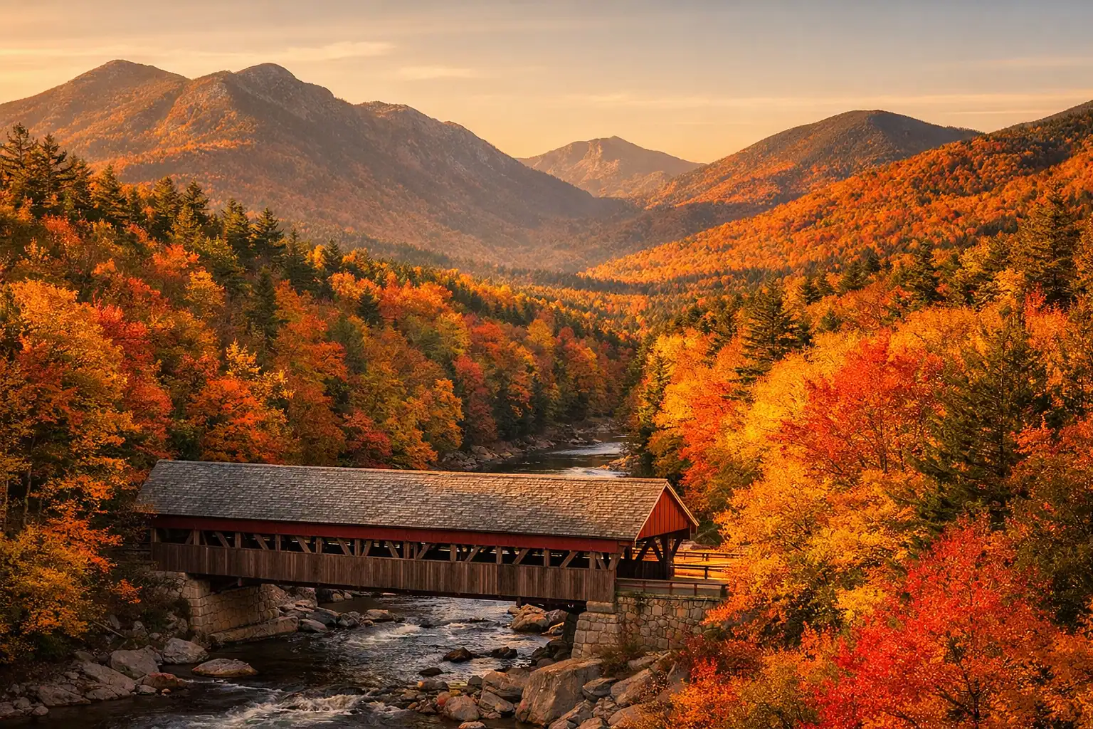 White Mountains vanaf Kancamagus Highway tijdens piek-herfstkleuren bij zonsondergang, bergen in vuur en vlam van rood, oranje en geel, overdekte brug op de voorgrond