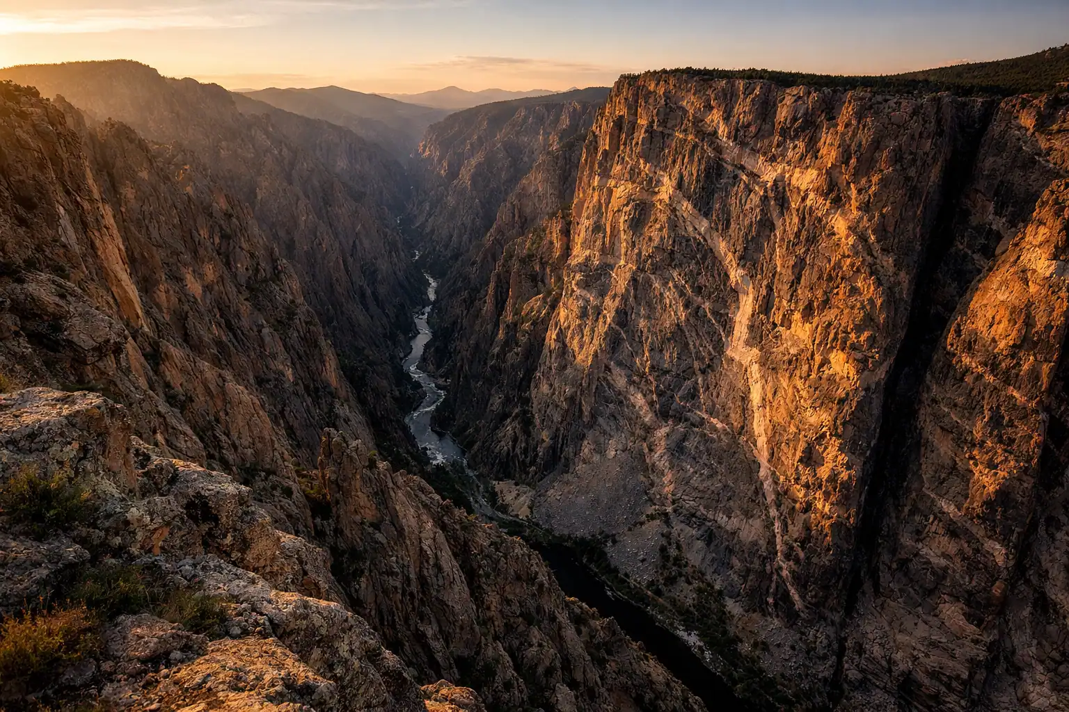 Black Canyon of the Gunnison bij zonsondergang, de Painted Wall oprijzend tot 700 meter, donkere schaduwgevulde kloof, Gunnison River ver beneden
