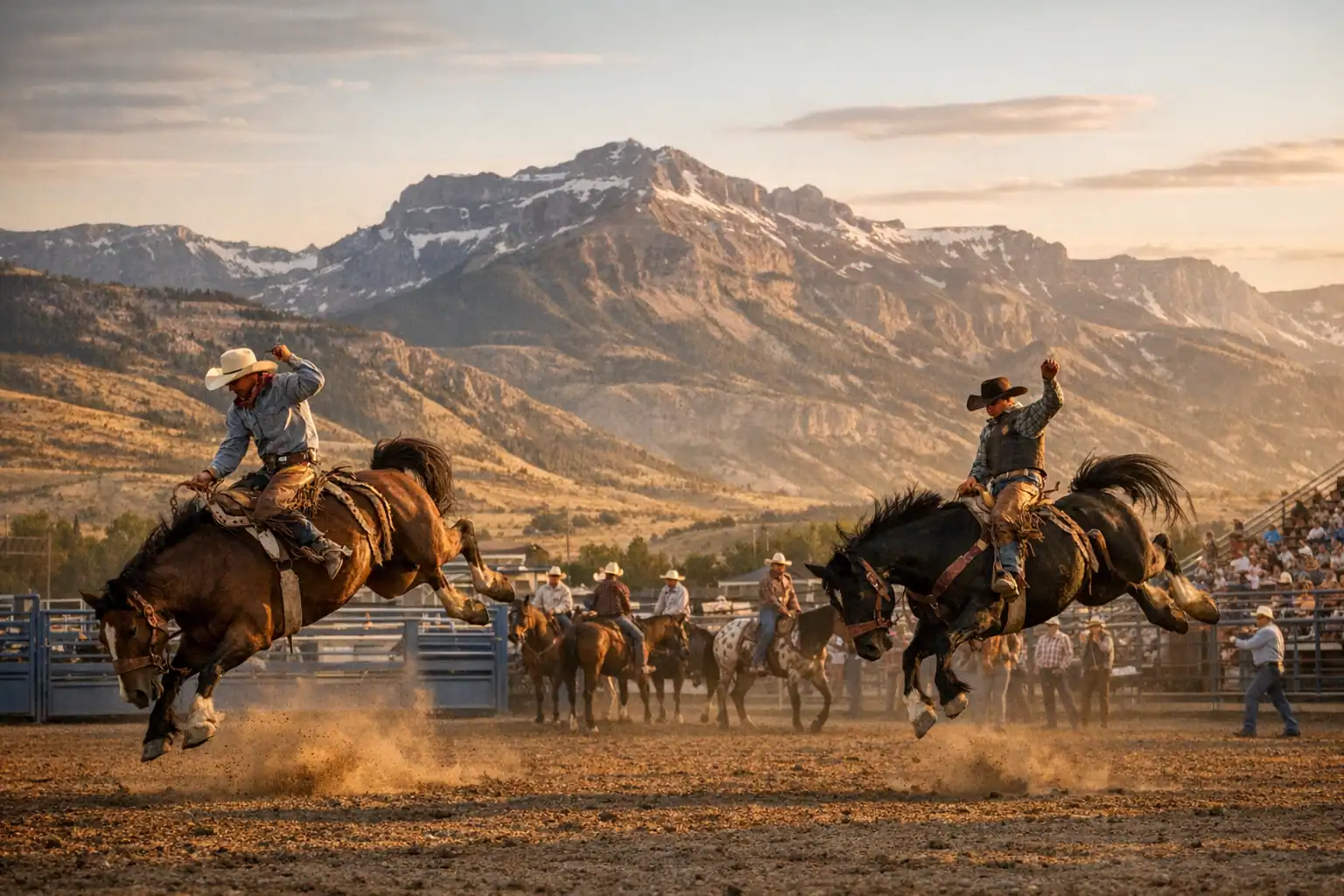 Cody Nite Rodeo bij zonsondergang, cowboys op bokkende bronco's, Absaroka Mountain Range erachter, authentieke Wyoming Western-cultuur