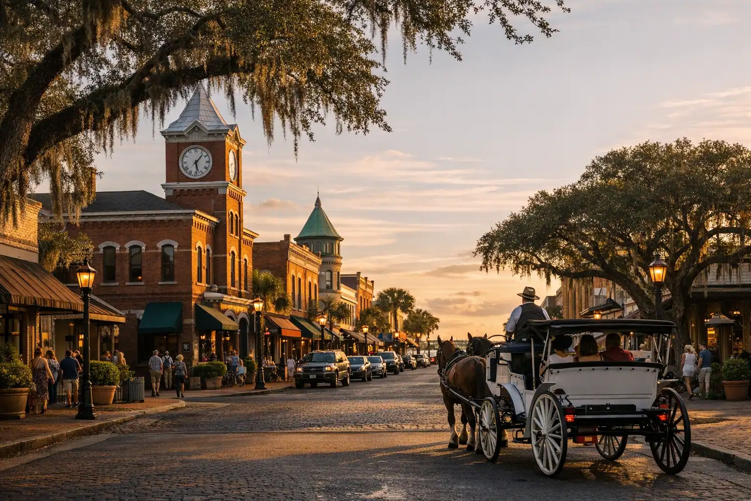 Fernandina Beach op Amelia Island bij zonsondergang, historische Centre Street, paardenkoets, live oaks, eilandcharme op de grens van Georgia en Florida