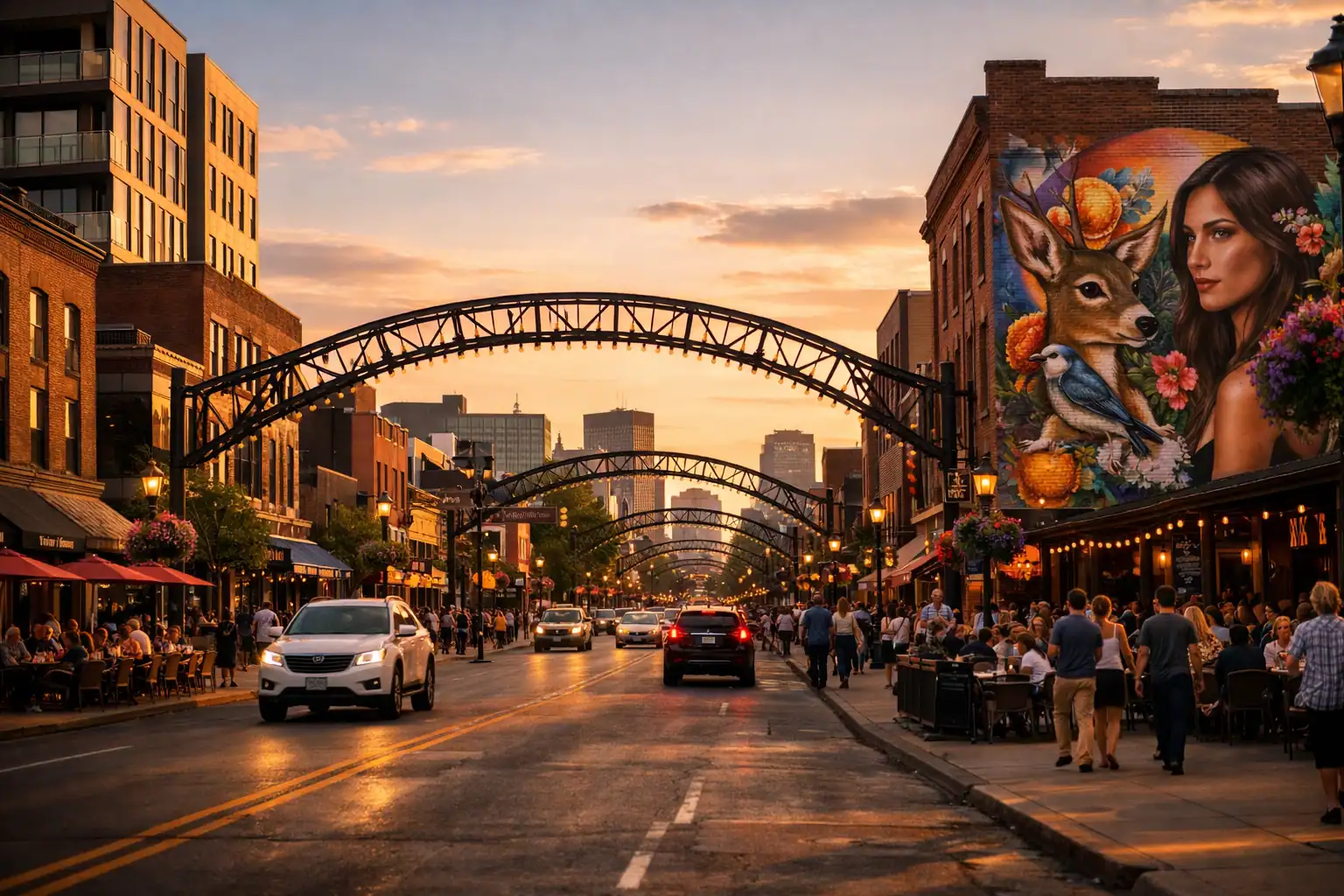 Short North Arts District in Columbus Ohio bij zonsondergang, gallery hop bogen, kleurrijke muurschilderingen, trendy restaurants, Midwest creatieve hoofdstad