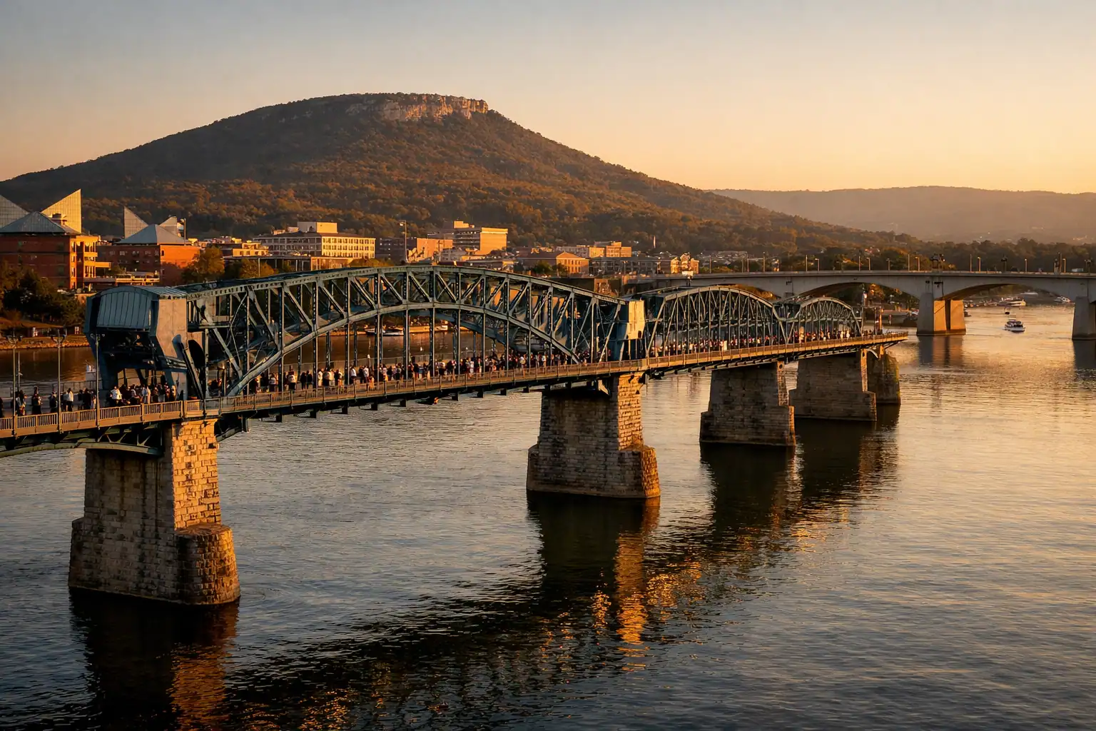 Walnut Street Bridge over de Tennessee River in Chattanooga bij zonsondergang, Lookout Mountain op de achtergrond, voetgangers die oversteken, binnenstad-revival