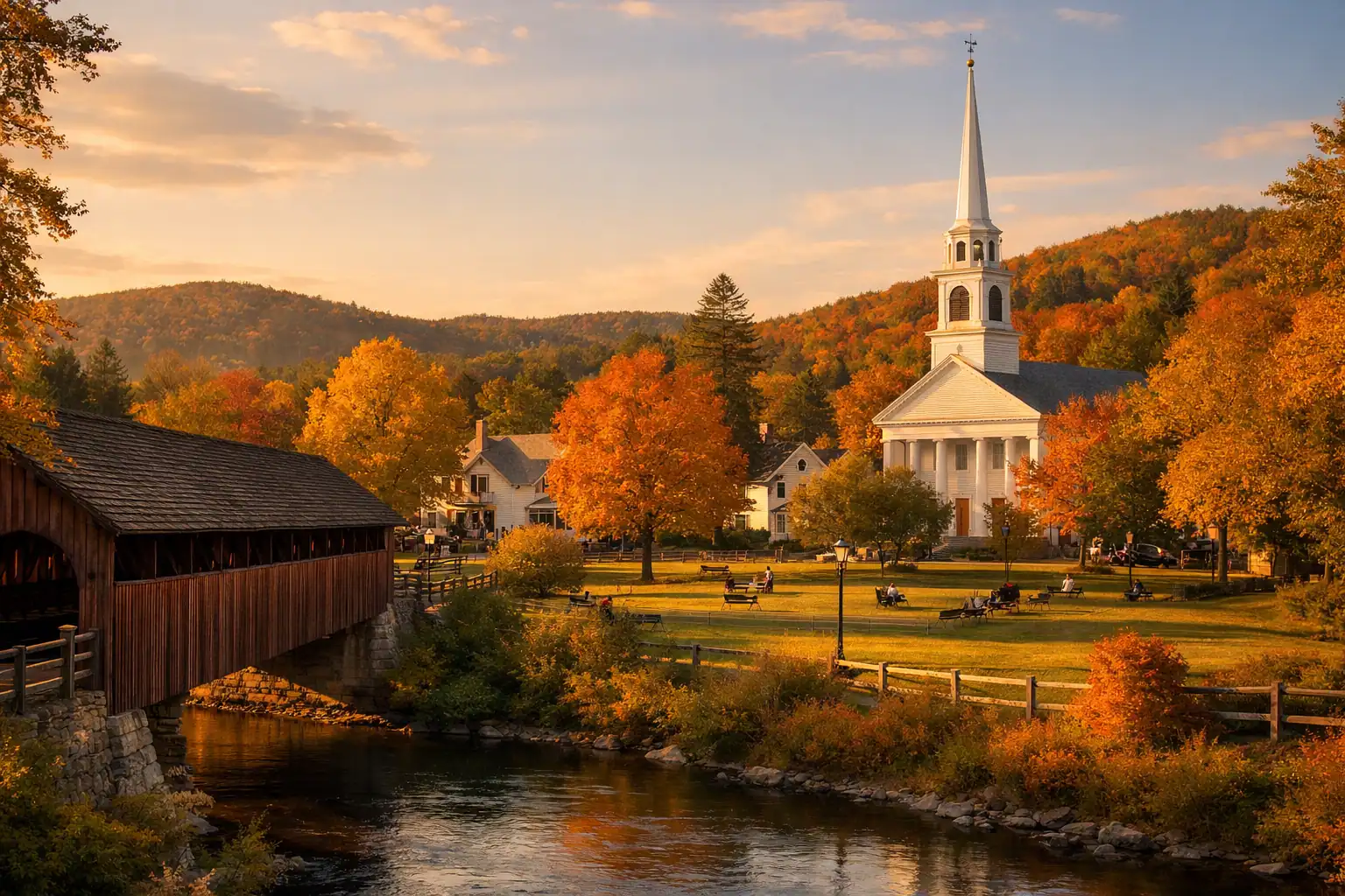 Woodstock Vermont dorpsplein bij zonsondergang in de herfst, overdekte brug, witte kerktoren, schitterende herfstkleuren, typische New England charme