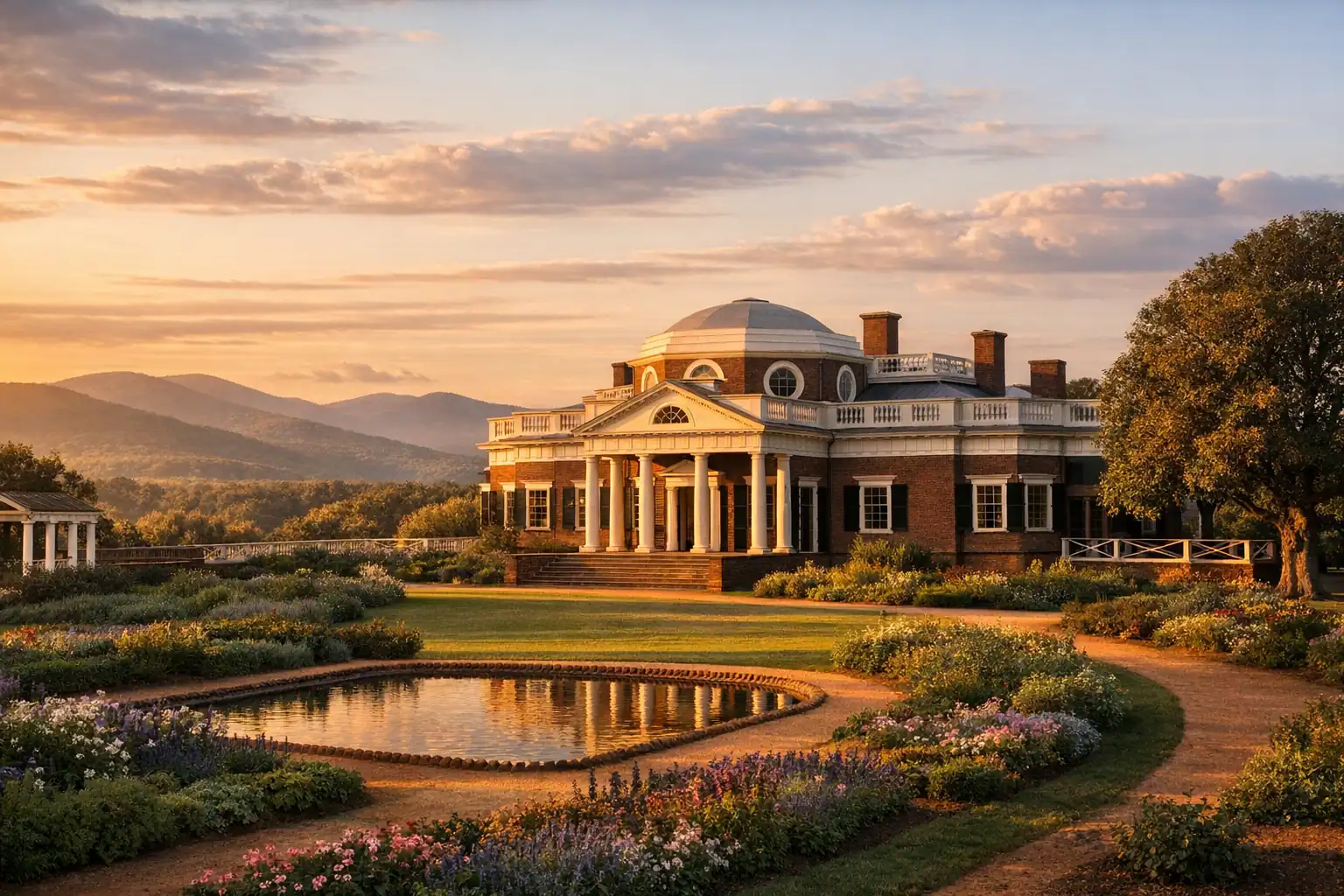 Monticello landgoed in Charlottesville bij zonsondergang, Thomas Jeffersons neoklassieke herenhuis op de heuveltop, Blue Ridge Mountains erachter, verzorgde tuinen
