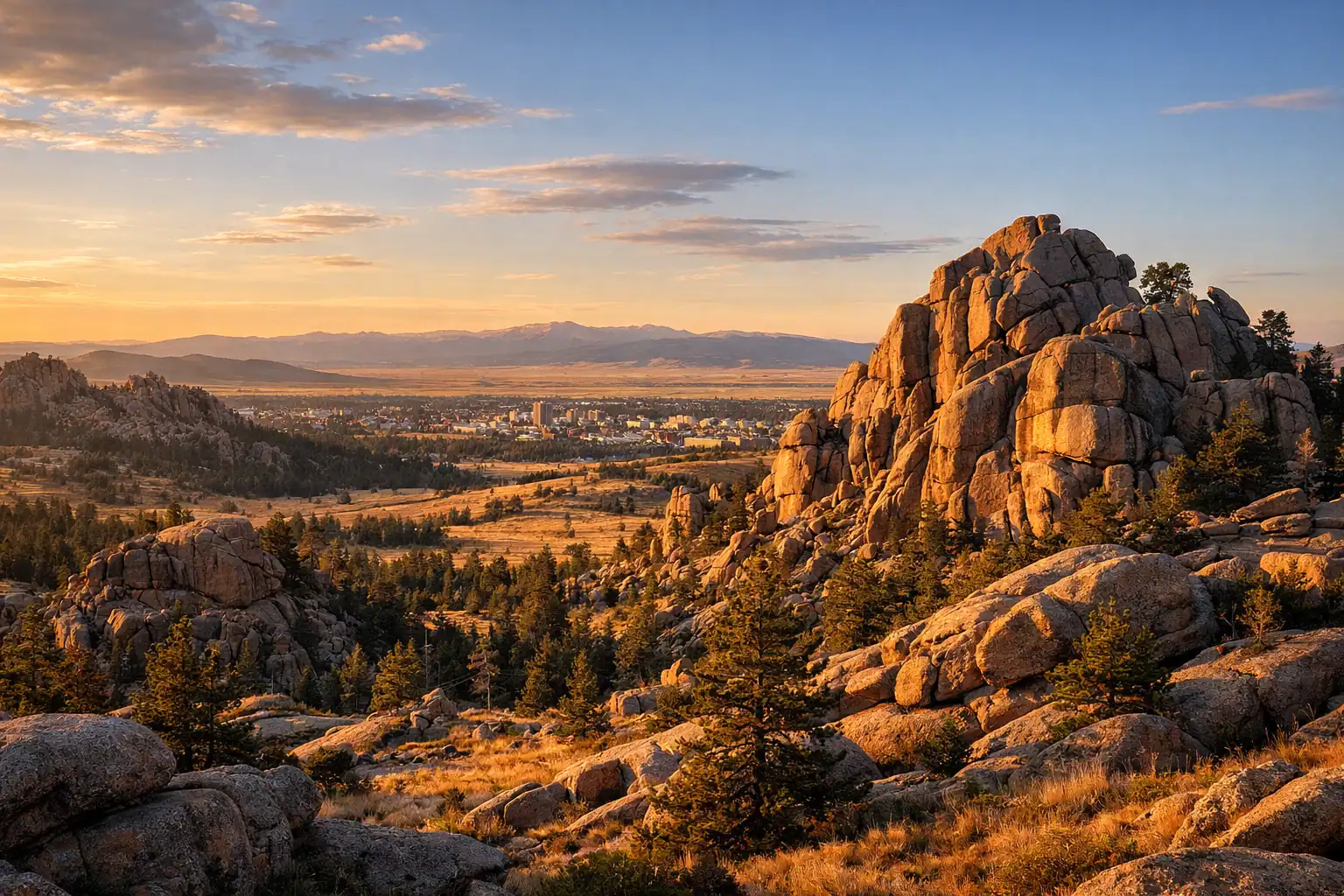 Vedauwoo rotsformaties bij Laramie Wyoming bij zonsondergang, dramatische granieten formaties, Medicine Bow National Forest, grote Wyoming-lucht, universiteitsstad eronder