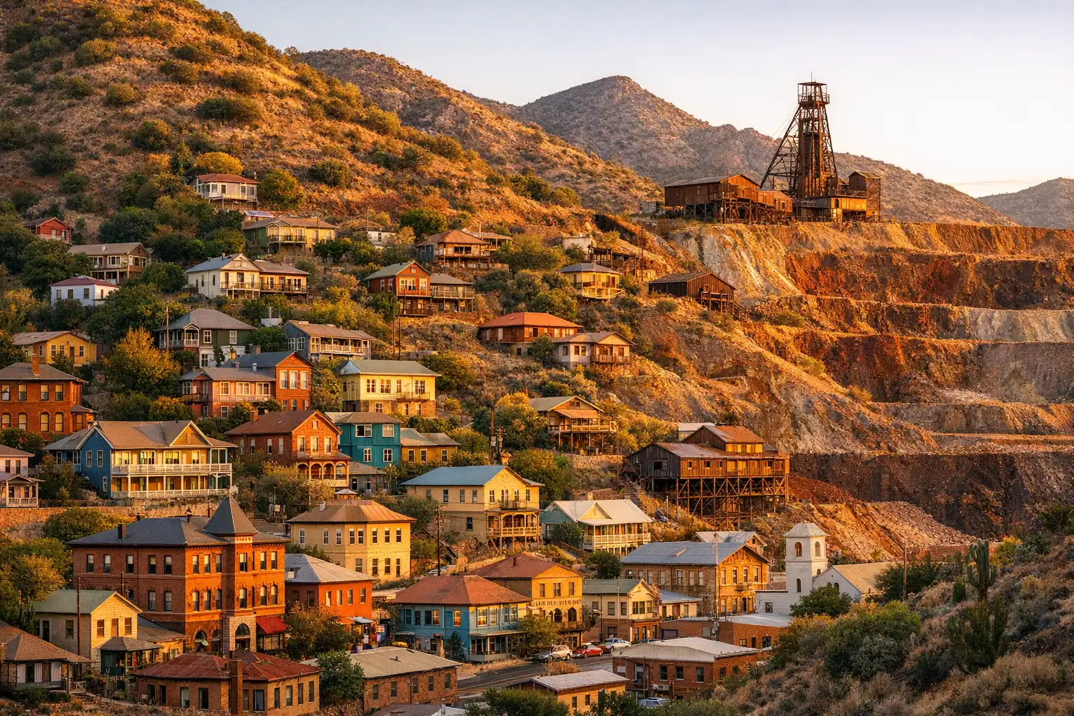 Bisbee Arizona bij zonsondergang, Victoriaanse gebouwen in levendige kleuren gestapeld op steile heuvels, oude kopermijnstructuren, artistiek woestijnstadje