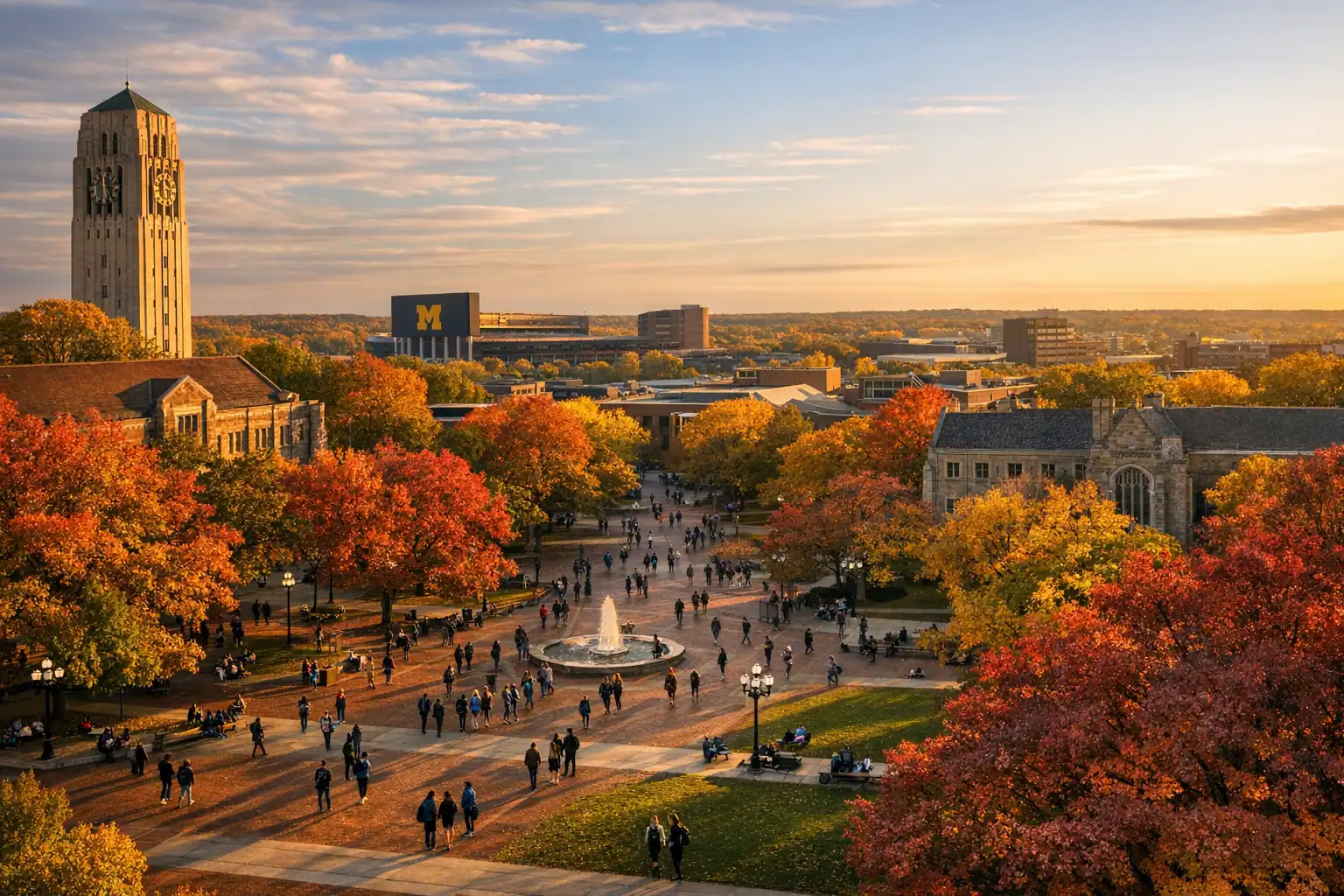 University of Michigan campus in Ann Arbor bij zonsondergang tijdens de herfst, The Diag met herfstbomen, studenten wandelend, Big House stadion zichtbaar