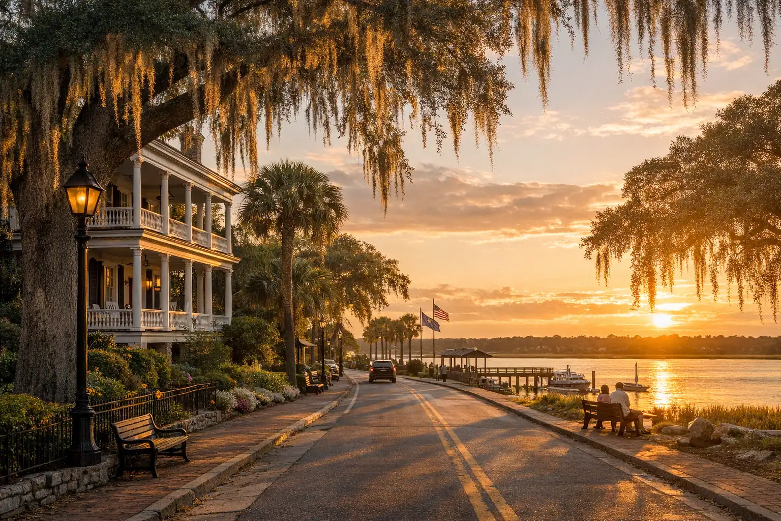 Bay Street in Beaufort South Carolina bij zonsondergang, antebellum herenhuizen met Spaans mos, Intracoastal Waterway, kleinstedelijke Southern charme die Pat Conroy inspireerde