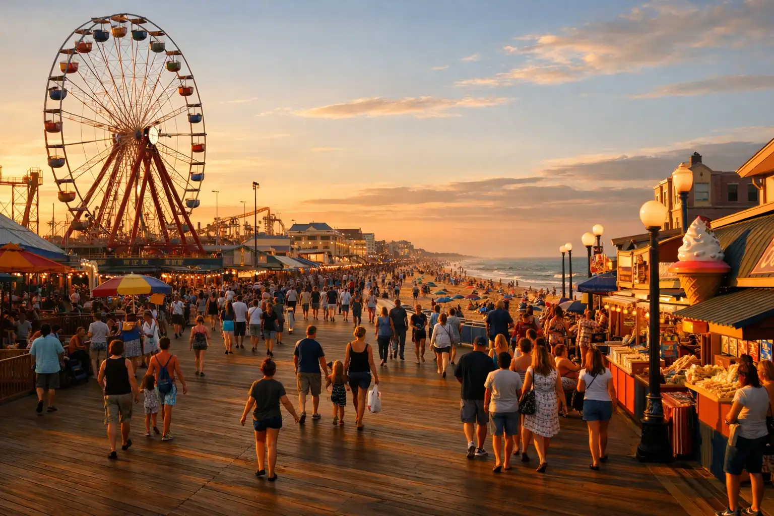 Ocean City Maryland boardwalk bij zonsondergang, kleurrijke attracties, strand tot aan de horizon, reuzenrad