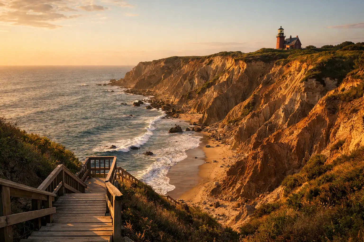 Mohegan Bluffs op Block Island Rhode Island bij zonsondergang, dramatische kleikliffen naar de Atlantische Oceaan, houten trap