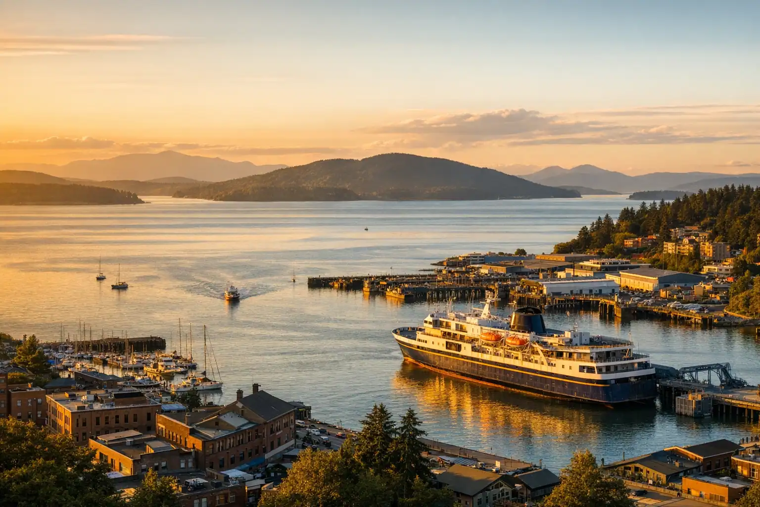 Bellingham Bay Washington bij zonsondergang, haven met Alaska-veerboot, San Juan Islands zichtbaar, Fairhaven district