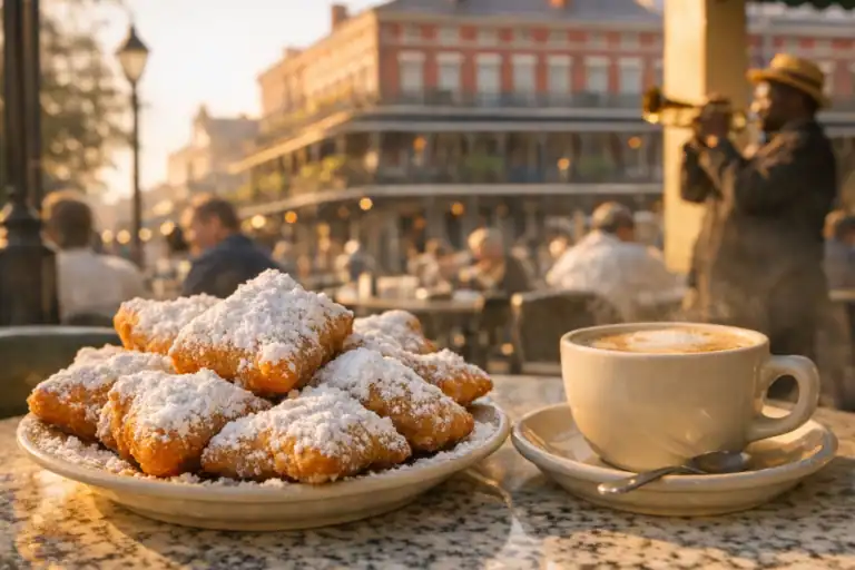 Verse beignets bedekt met poedersuiker bij Café du Monde in New Orleans met café au lait en French Quarter op achtergrond