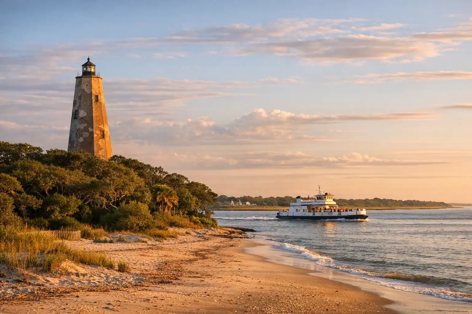 Bald Head Island vuurtoren aan de Cape Fear coast bij zonsondergang, Old Baldy vuurtoren, onbevolkt strand