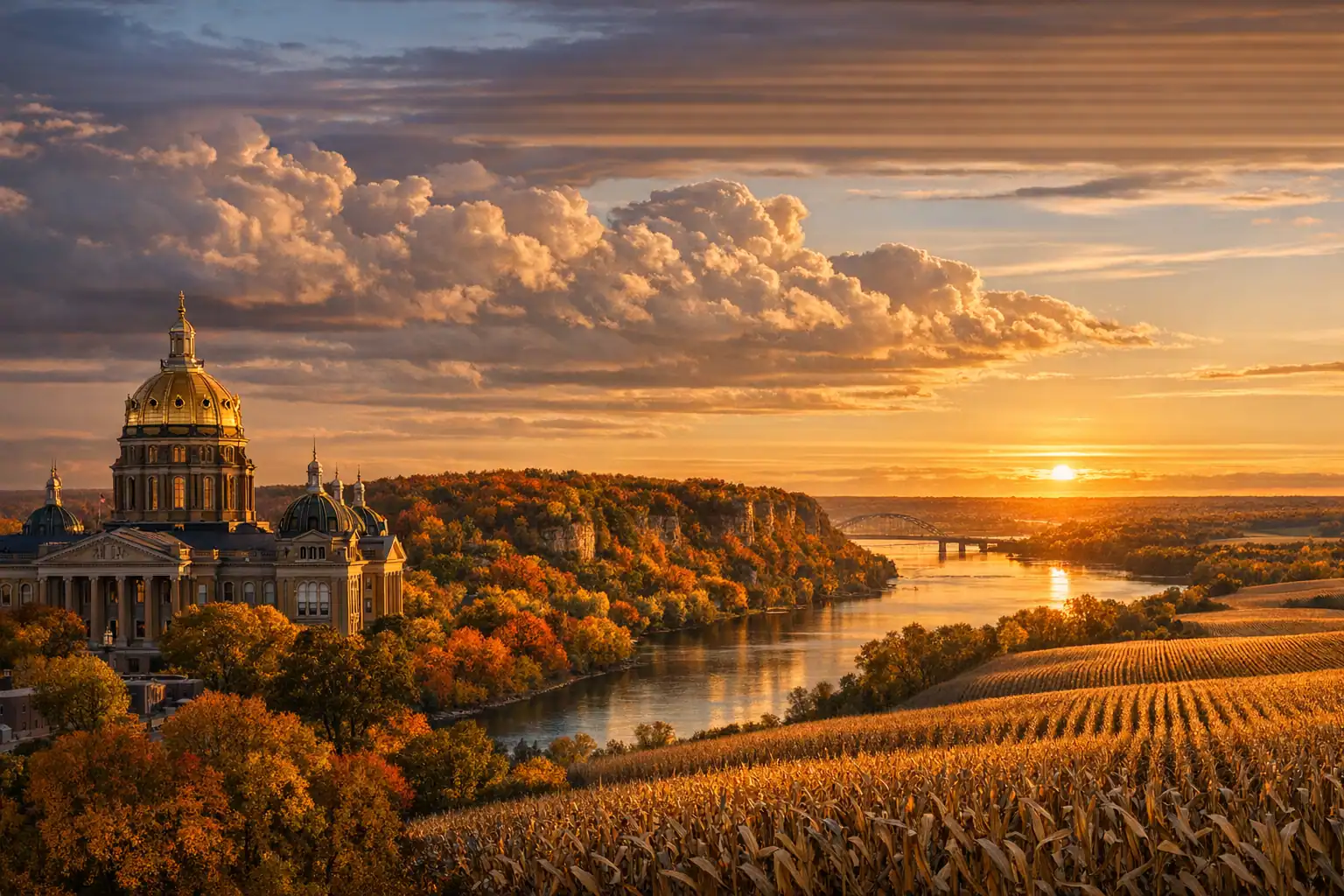 Iowa State Capitol met gouden koepel bij zonsondergang - Rondreis Iowa
