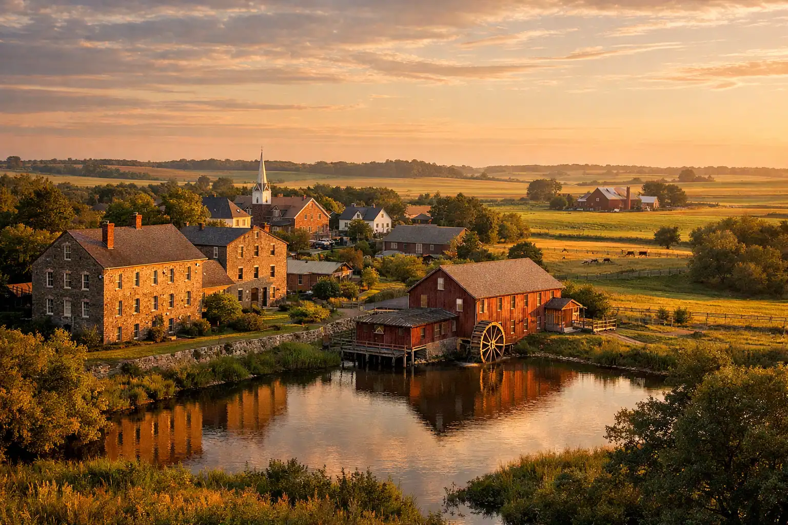 Amana Colonies Iowa bij zonsondergang, historische Duitse gemeenschapsnederzetting, stenen gebouwen, wolmolen
