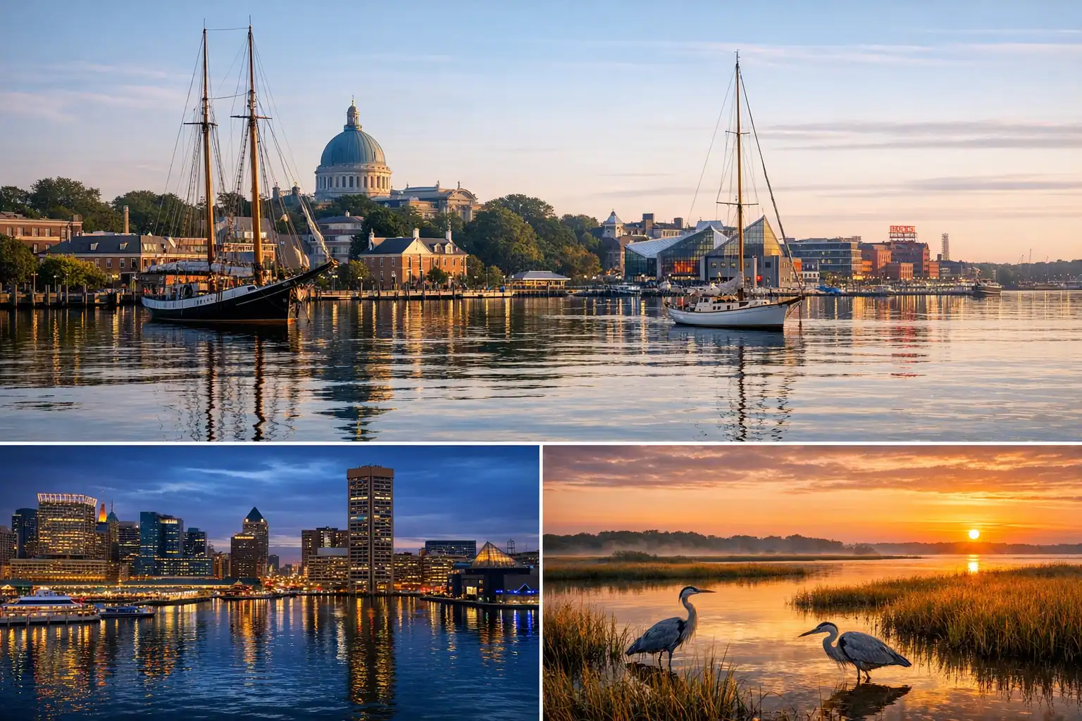 Baltimore Inner Harbor bij zonsondergang met historische schepen en National Aquarium - Rondreis Maryland