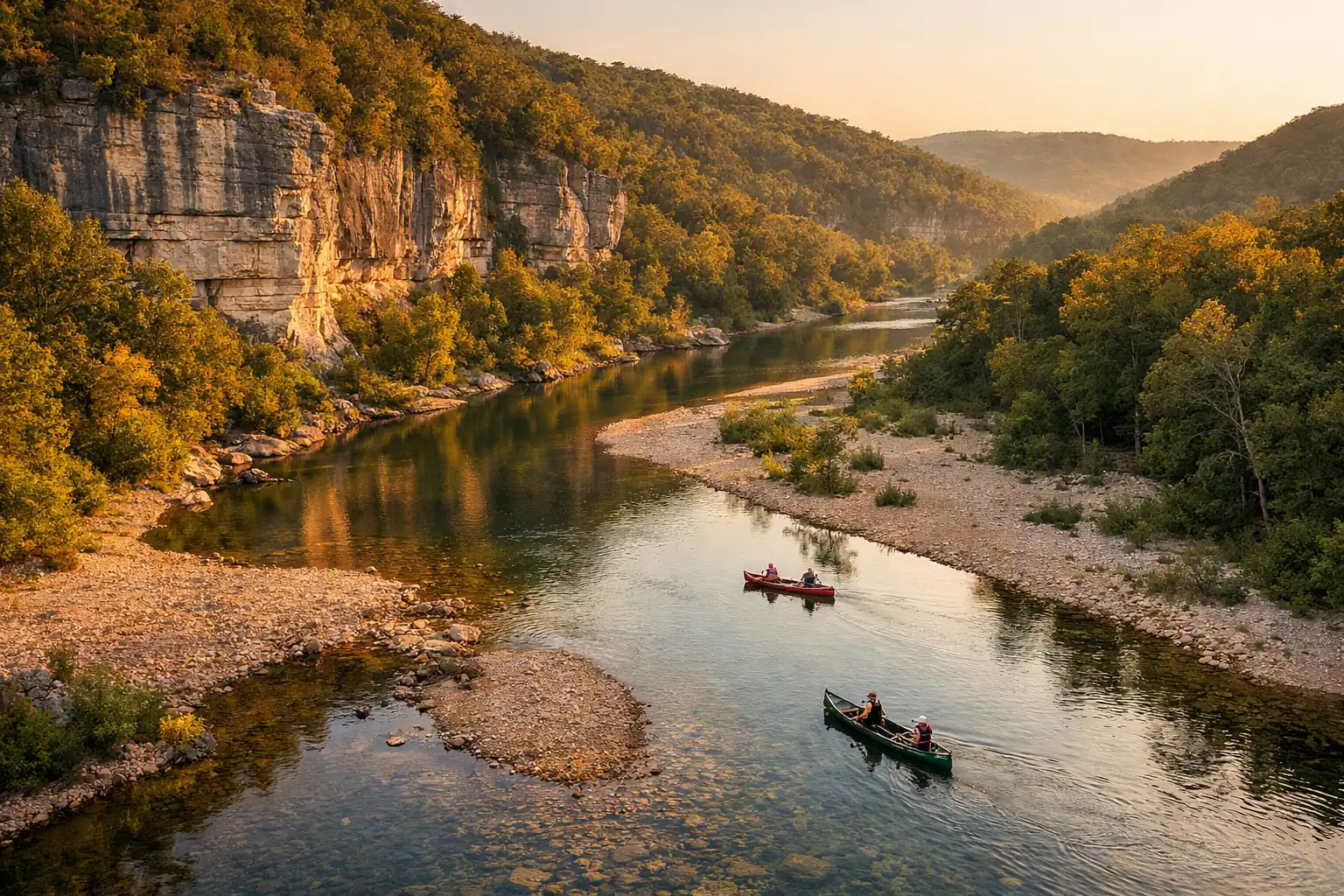 Buffalo National River in Arkansas bij zonsondergang, kristalheldere rivier door kalkstenen kliffen, kanoërs