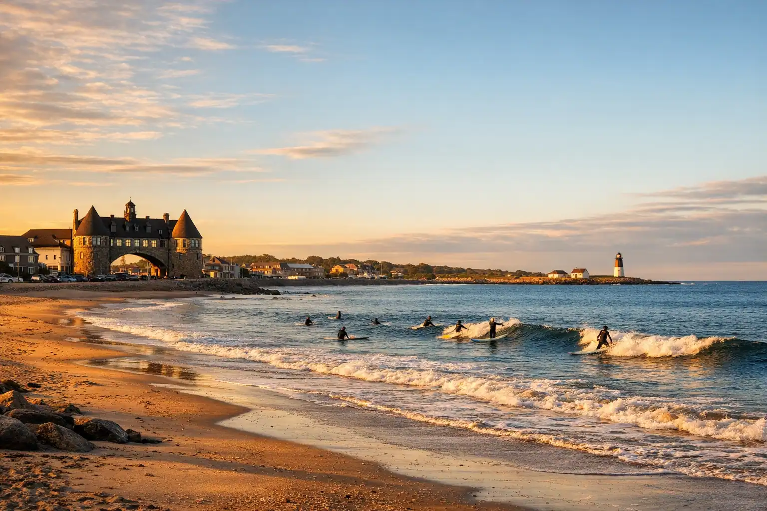 Narragansett Beach Rhode Island bij zonsondergang, zandstrand, stenen torens, surfers, Point Judith vuurtoren
