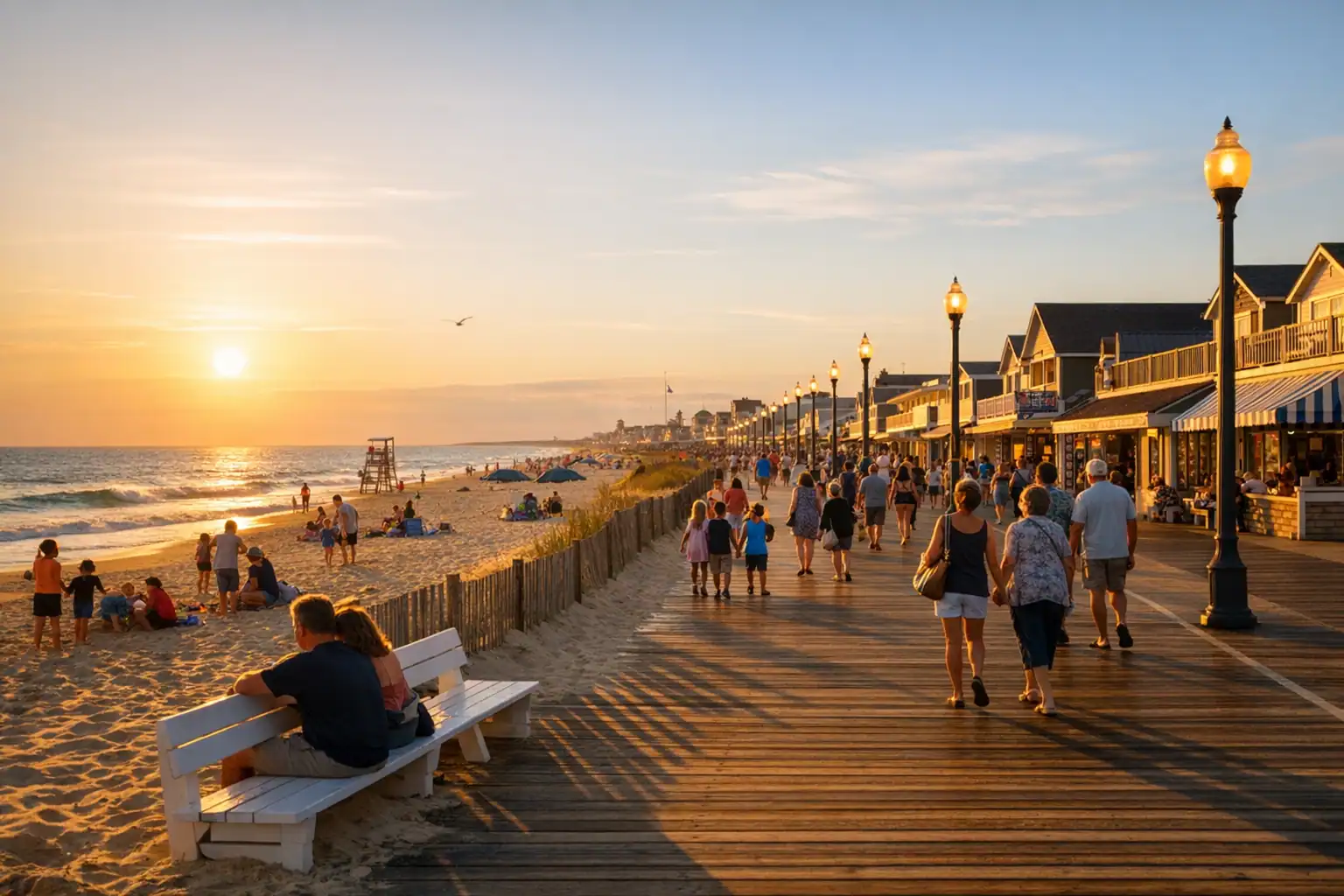 Rehoboth Beach Delaware boardwalk bij zonsondergang, zandstrand, klassieke boardwalk, Atlantische Oceaan