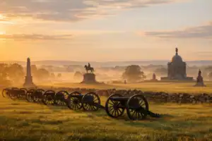 Gettysburg slagveld bij gouden uurlicht met kanonnen op groen veld, stenen muren en monumenten in ochtendnevel
