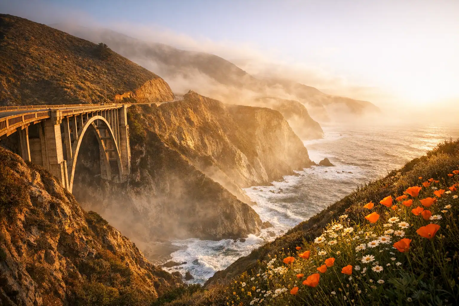 Bixby Creek Bridge op Highway 1 Big Sur bij gouden uurlicht met mistige canyon en Stille Oceaan eronder