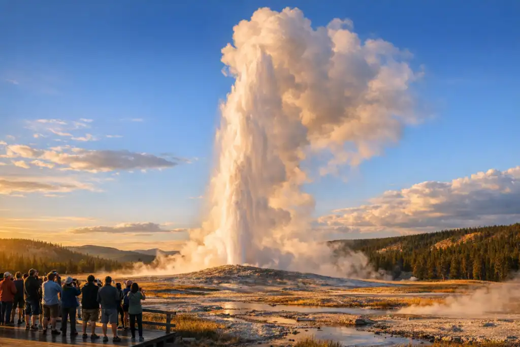Old Faithful geiser die uitbarst in Yellowstone National Park bij gouden uurlicht met toeschouwers op de boardwalk