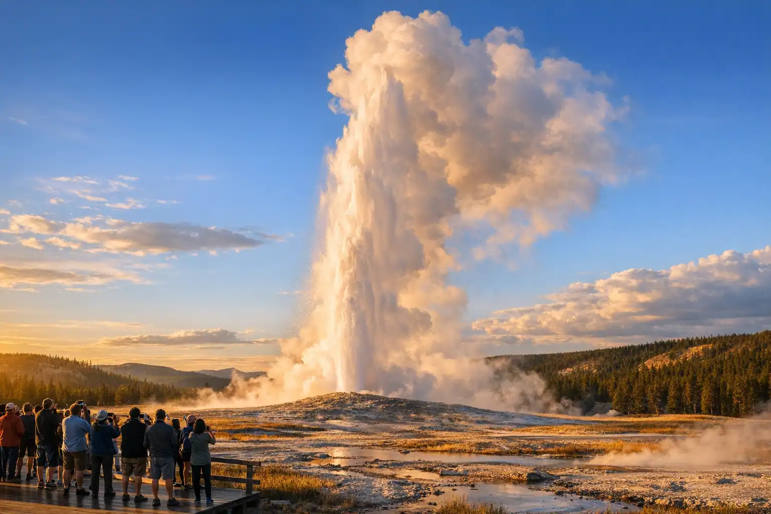 Old Faithful geiser die uitbarst in Yellowstone National Park bij gouden uurlicht met toeschouwers op de boardwalk