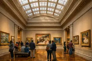 Interieur van het Art Institute of Chicago met bezoekers die impressionistische schilderijen bewonderen in daglicht