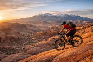 Mountainbiker op de Slickrock Trail in Moab op rood zandsteen met woestijncanyons en La Sal Mountains op achtergrond