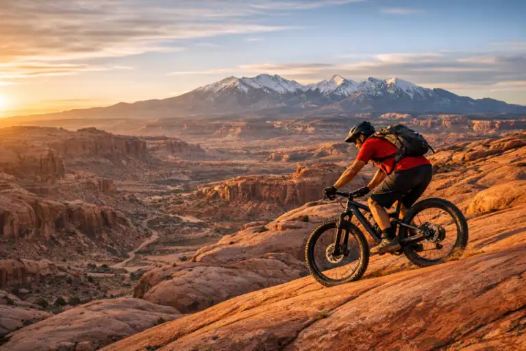Mountainbiker op de Slickrock Trail in Moab op rood zandsteen met woestijncanyons en La Sal Mountains op achtergrond