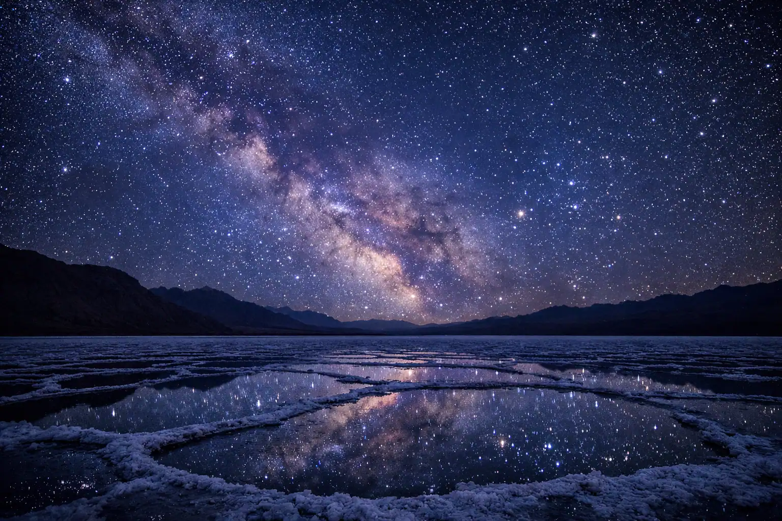 Melkweg boven Badwater Basin in Death Valley met zoutvlaktes die sterrenlicht reflecteren en woestijnbergen als silhouet